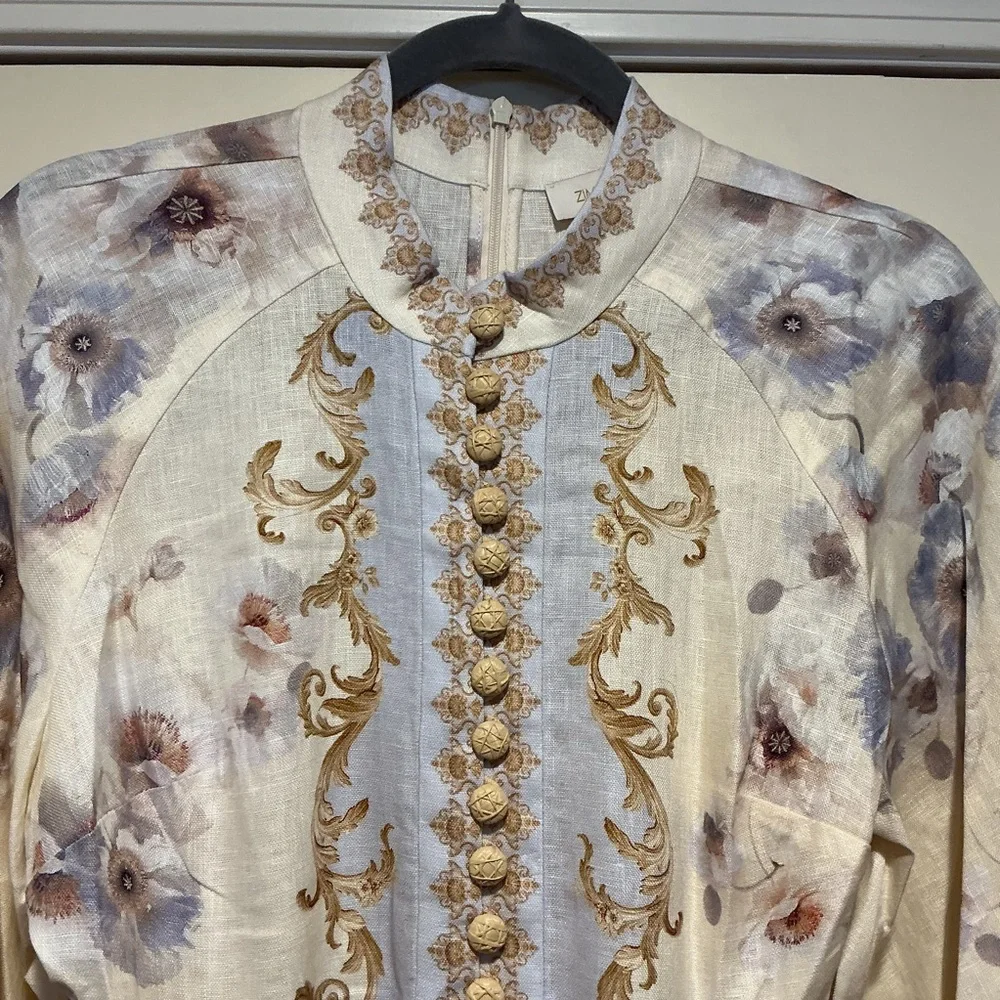 NWOT Zimmermann Elegant Floral Long-Sleeve Linen Mini Dress, Size AU 2 = M - Picture 4 of 13